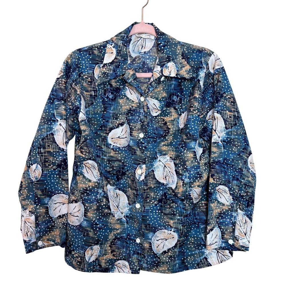 70s Vintage Ming Star Blouse Women's M Retro Blue Floral Print Button Up Disco‎